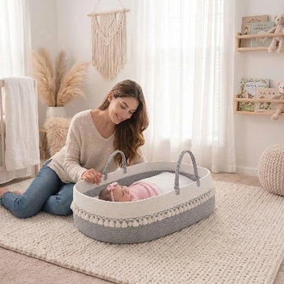 Maman-avec-bebe-dans-couffin-en-osier-pour-bebe