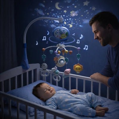 Pere-content-car-son-bebe-endormi-a-laide-du-mobile-bebe